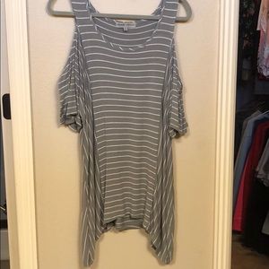 Gray and white striped top with open shoulders